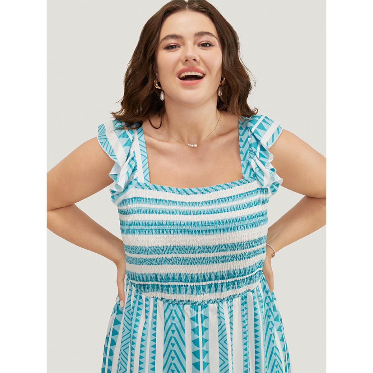 Plus Size Striped Contrast Square Neck Pocket Ruffles Shirred Cami Dress LightBlue Women Vacation Square Neck Cap Sleeve Curvy Midi Dress BloomChic 22-24/3X Product Image