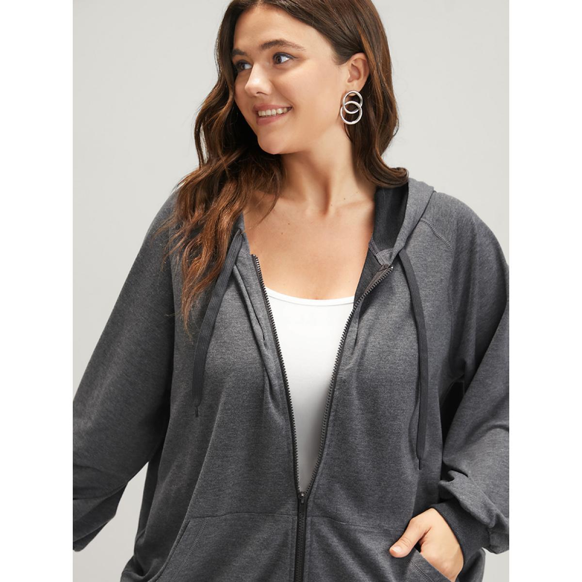Plus Size Solid Pocket Drawstring Zipper Hooded Sweatshirt Women DimGray Casual Zipper Loose Hooded Dailywear Sweatshirts BloomChic 10/M Product Image