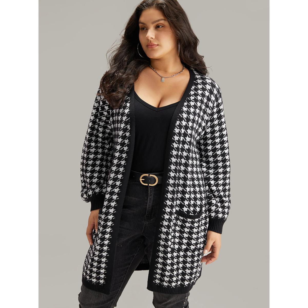 Plus Size Supersoft Essentials Houndstooth Pocket Elastic Cuffs Cardigan Black Women Casual Loose Long Sleeve Dailywear Cardigans BloomChic 26/4X Product Image
