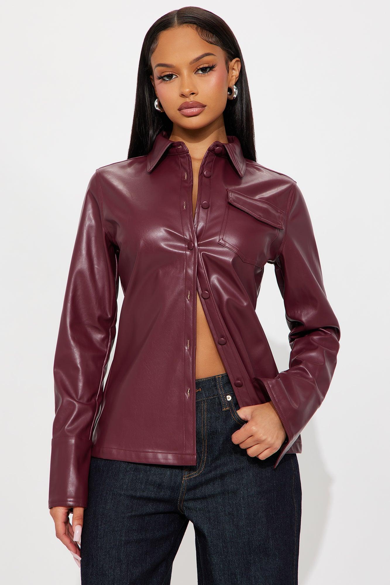 Show Time Faux Leather Shirt - Burgundy Product Image