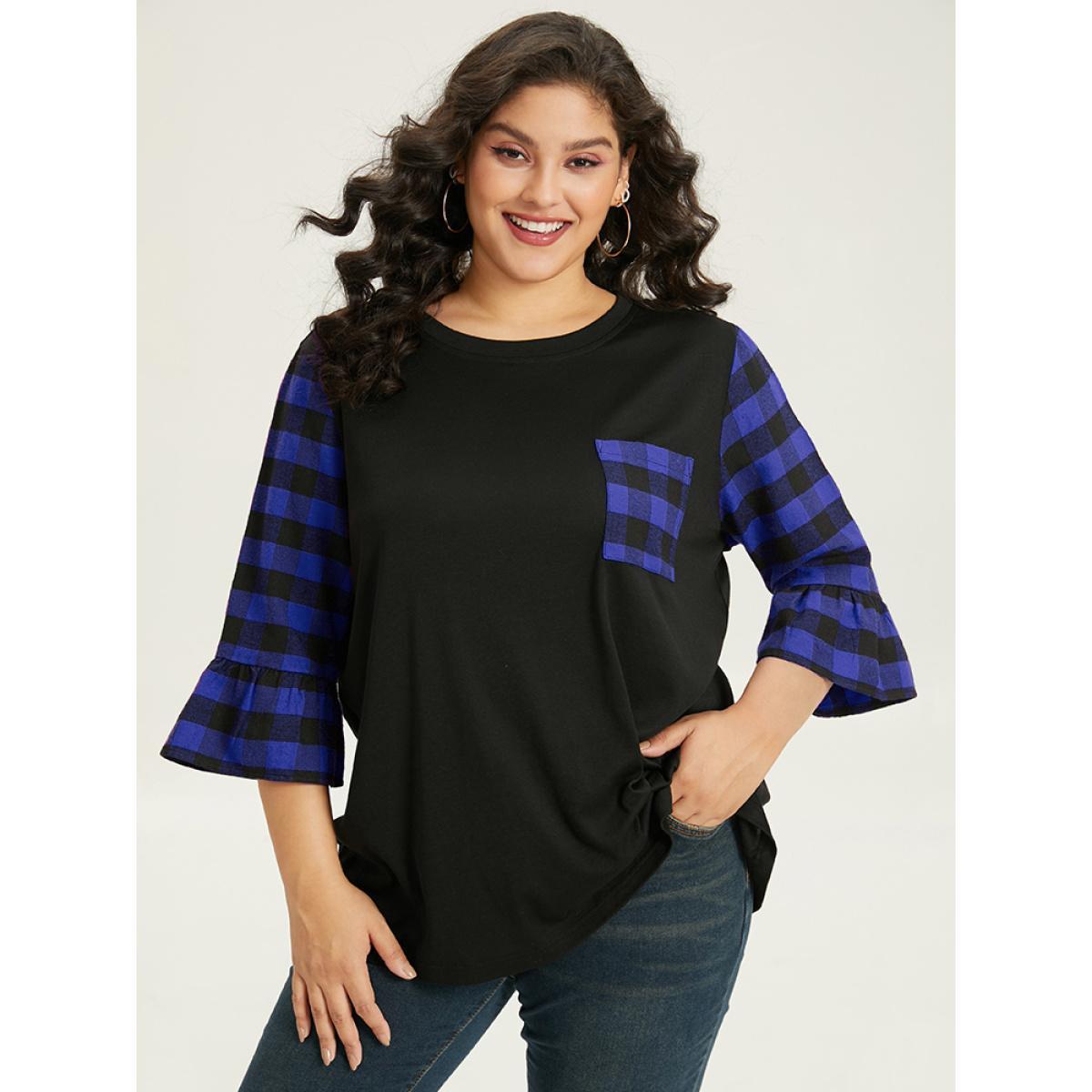 Plus Size Plaid Patched Pocket Patchwork Contrast Bell Sleeve T-shirt Blue Women Casual Contrast Plaid Round Neck Dailywear T-shirts BloomChic 14-16/1X Product Image