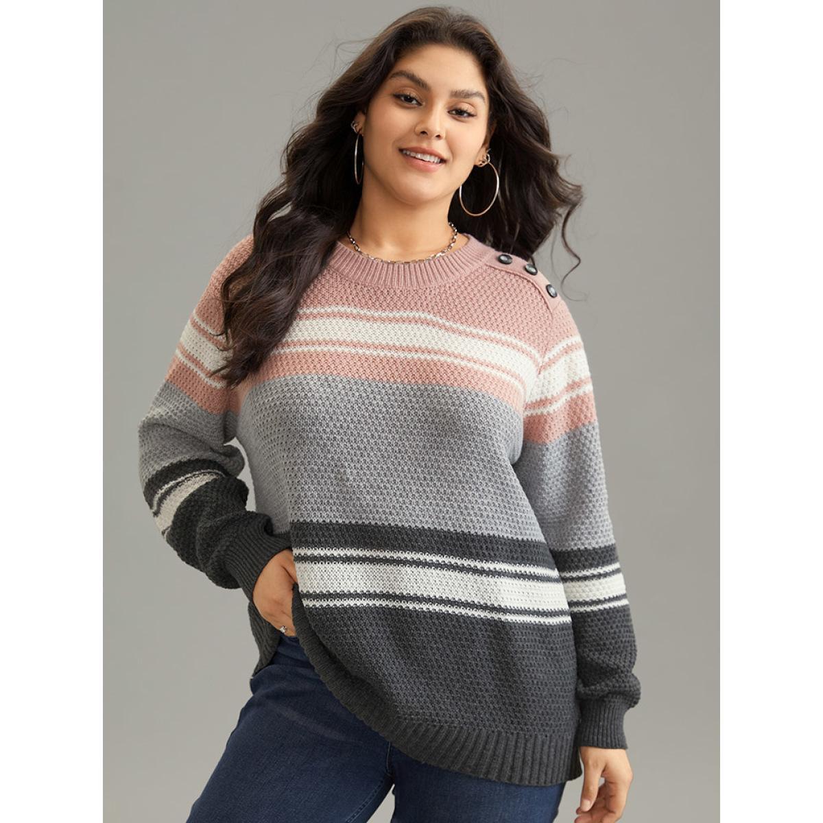 Plus Size Colorblock Button Detail Plisse Pullover Multicolor Women Casual Loose Long Sleeve Round Neck Dailywear Pullovers BloomChic 12/L Product Image