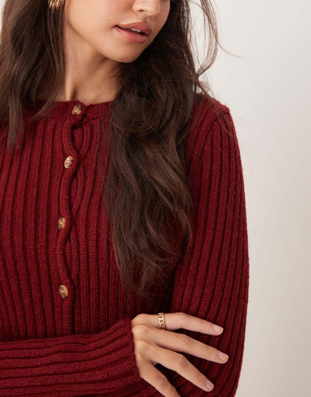 Miss Selfridge knit rib cardigan in burgundy Product Image