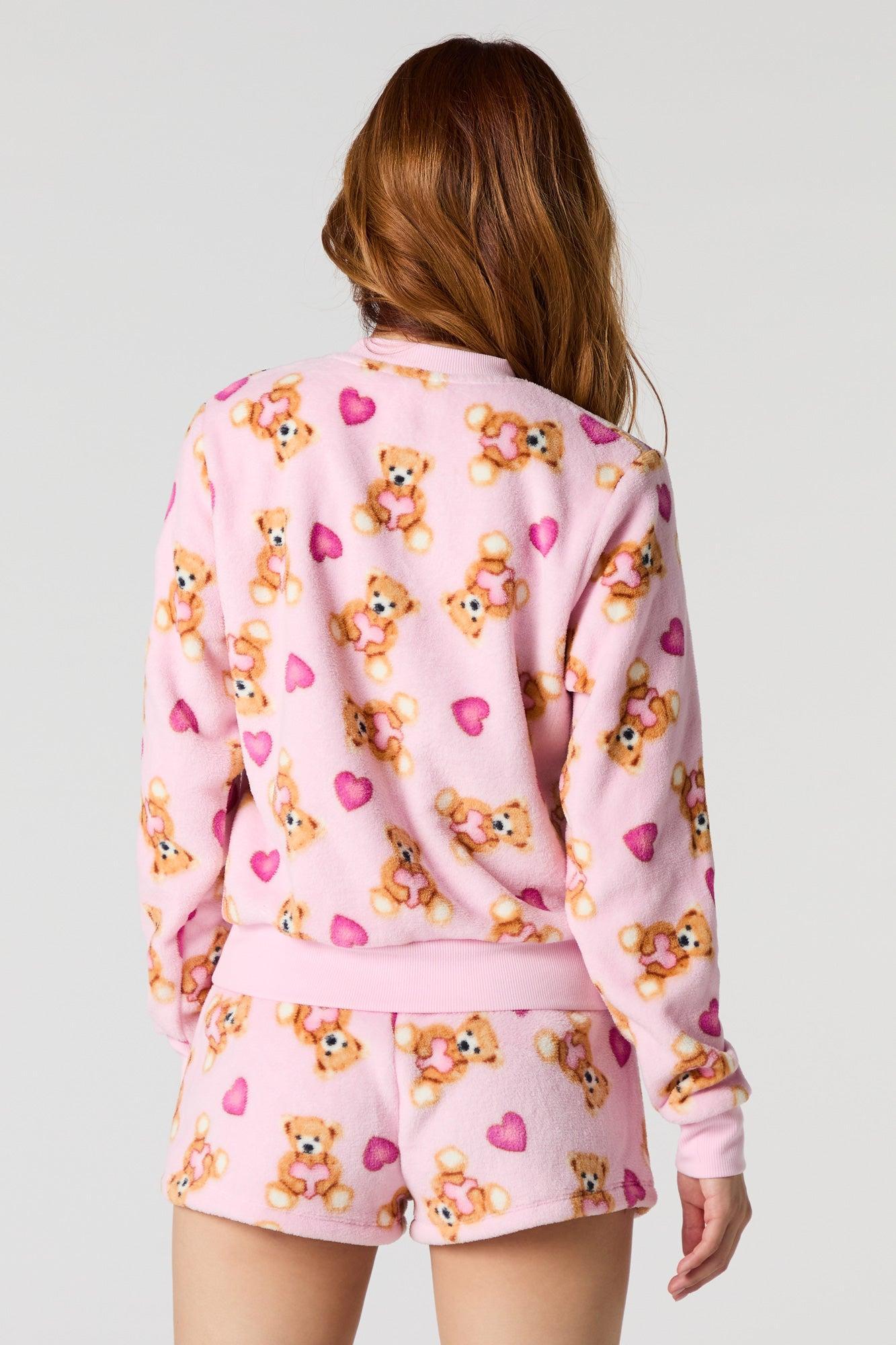 Printed Plush Long Sleeve & Short 2 Piece Pajama Set Female Product Image