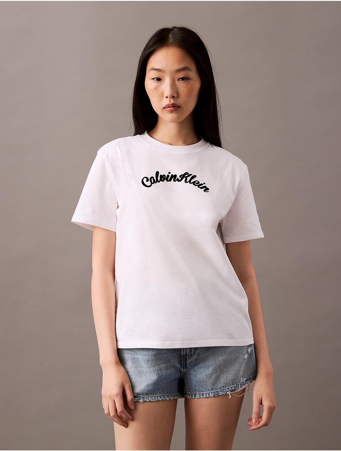 Calvin Klein Women's Calvin Klein Felt Logo Script Classic Tee - White - XS Product Image