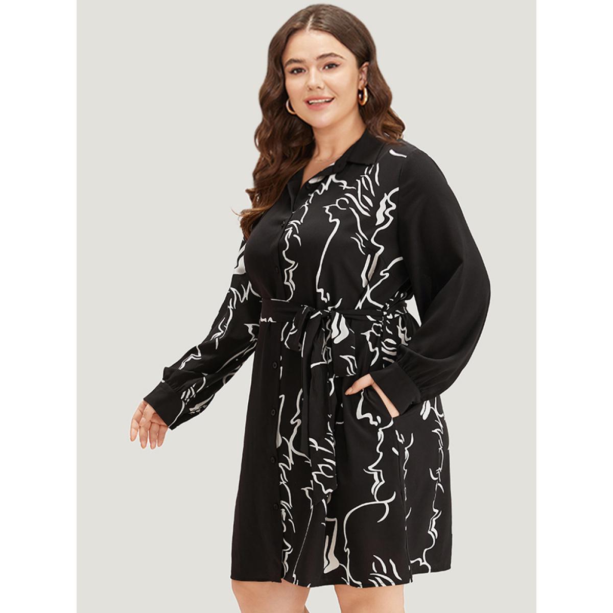 Plus Size Graphic Shirt Collar Pocket Button Through Belted Dress BlackFlower Women Office Belted Shirt collar Long Sleeve Curvy Knee Dress BloomChic 22-24/3X Product Image