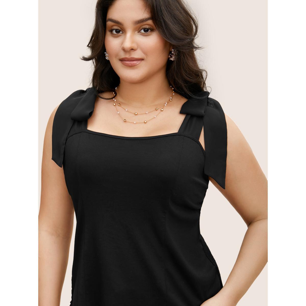 Plus Size Plain Square Neck Tie Knot Tank Top Women Black Elegant Tie knot Non Everyday Tank Tops Camis BloomChic 26/4X Product Image