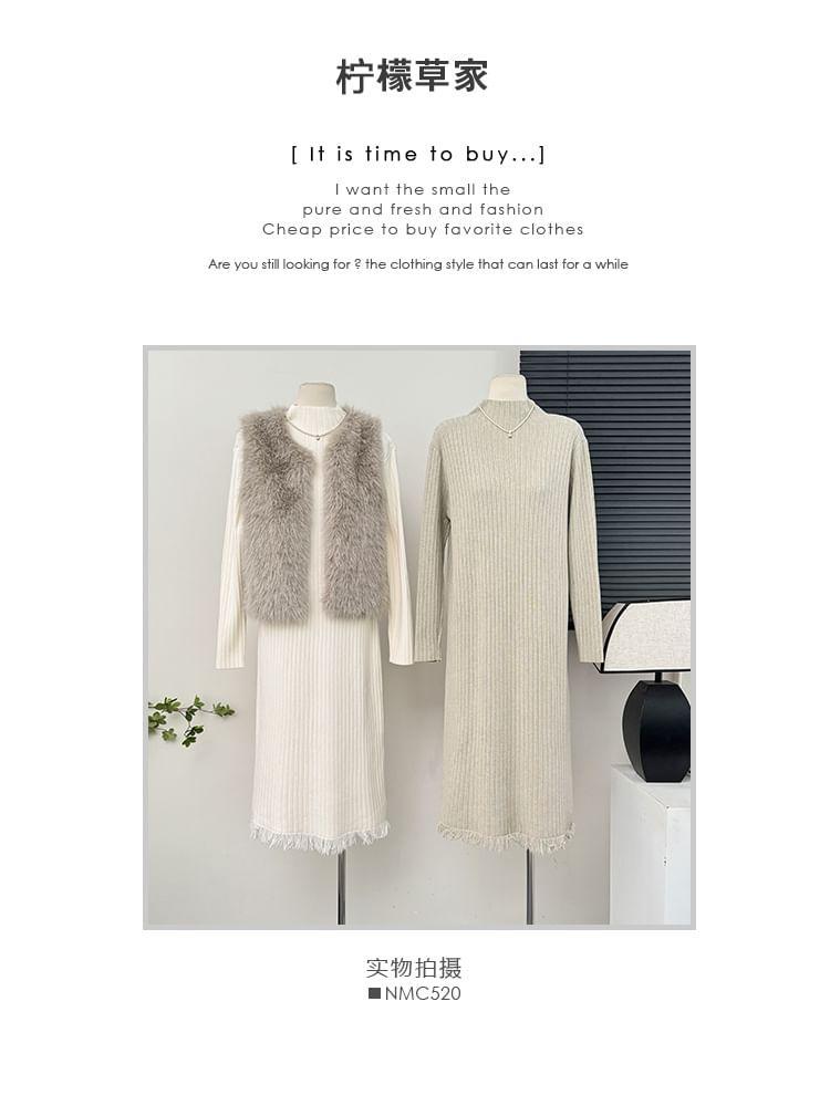 Fringed-Hem Mock-Neck Ribbed-Knit Midi Dress Product Image