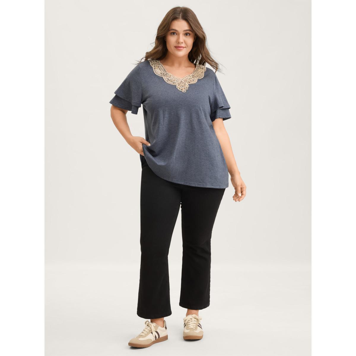 Plus Size Layered Sleeve Lace Neck Solid T-Shirt Stone Women Woven ribbon&lace trim V-neck Everyday-Casual T-shirts BloomChic 28/5X Product Image