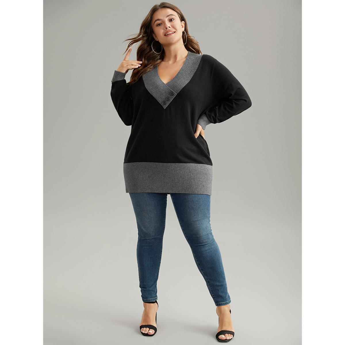 Plus Size Supersoft Essentials Contrast Deep V Neck Button Detail Pullover Black Women Casual Long Sleeve Deep V-neck Everyday Pullovers BloomChic 28/5X Product Image