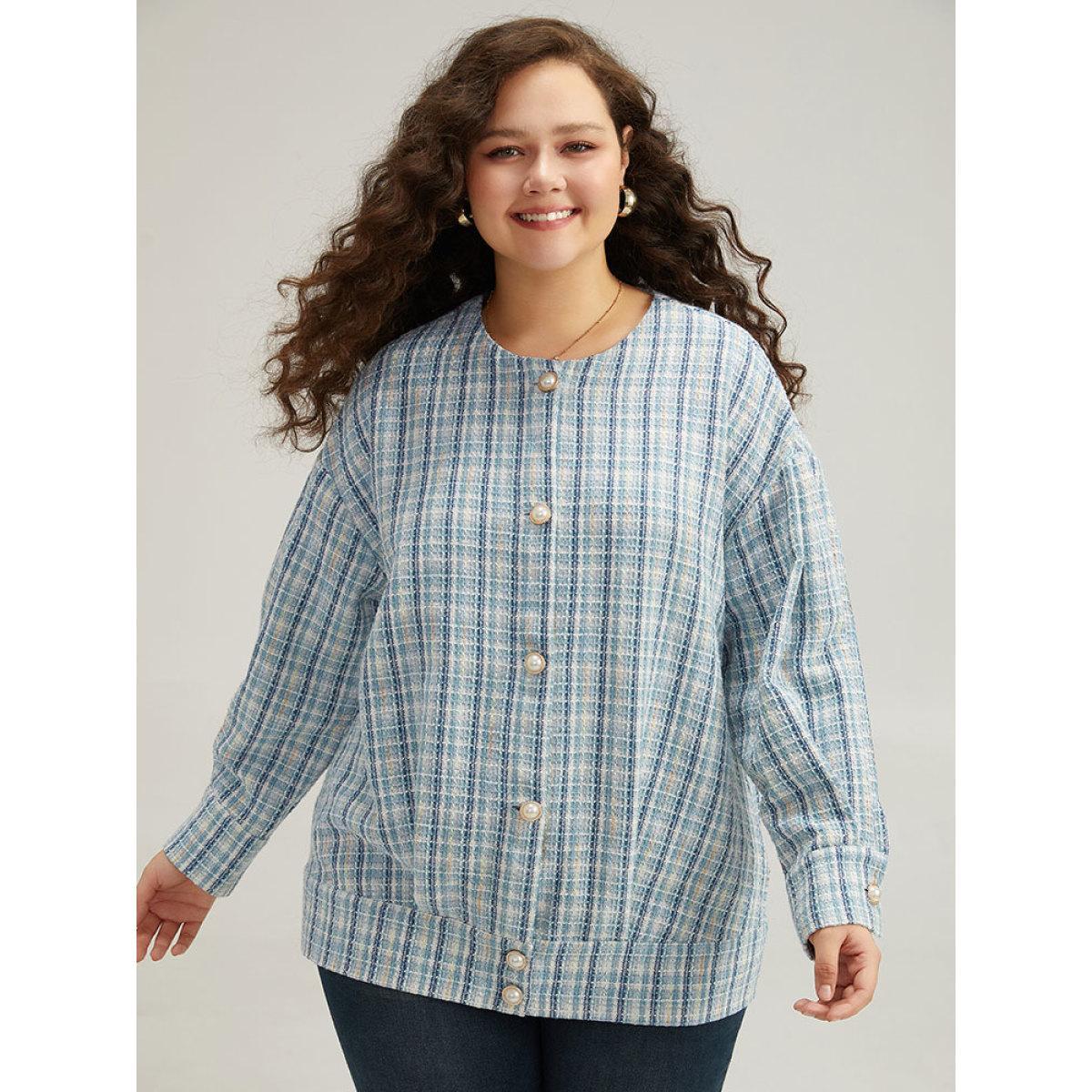 Plus Size Gingham Buckle Detail Button Through Jacket Women LightBlue Button Everyday Jackets BloomChic 26/4X Product Image