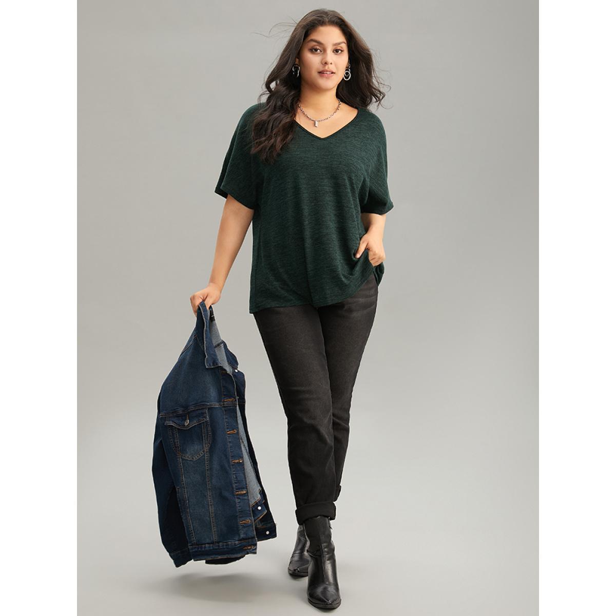 Plus Size Solid Heather V Neck Dolman Sleeve T-shirt DarkGreen Women Casual Plain Plain V-neck Everyday T-shirts BloomChic 30/6X Product Image