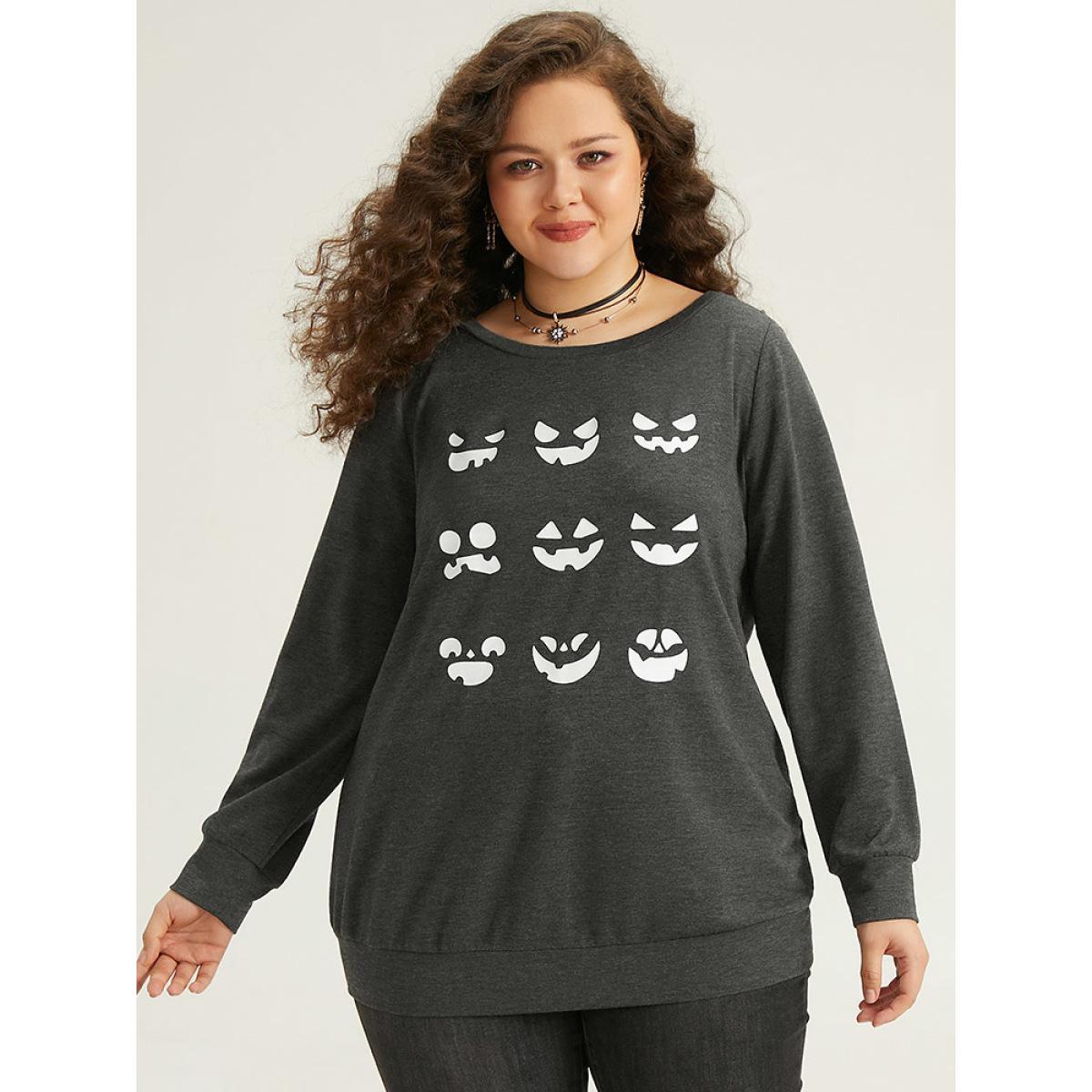 Plus Size Round Neck Halloween Print Sweatshirt Women DimGray Casual Printed Festival-Halloween Sweatshirts BloomChic 18-20/2X Product Image