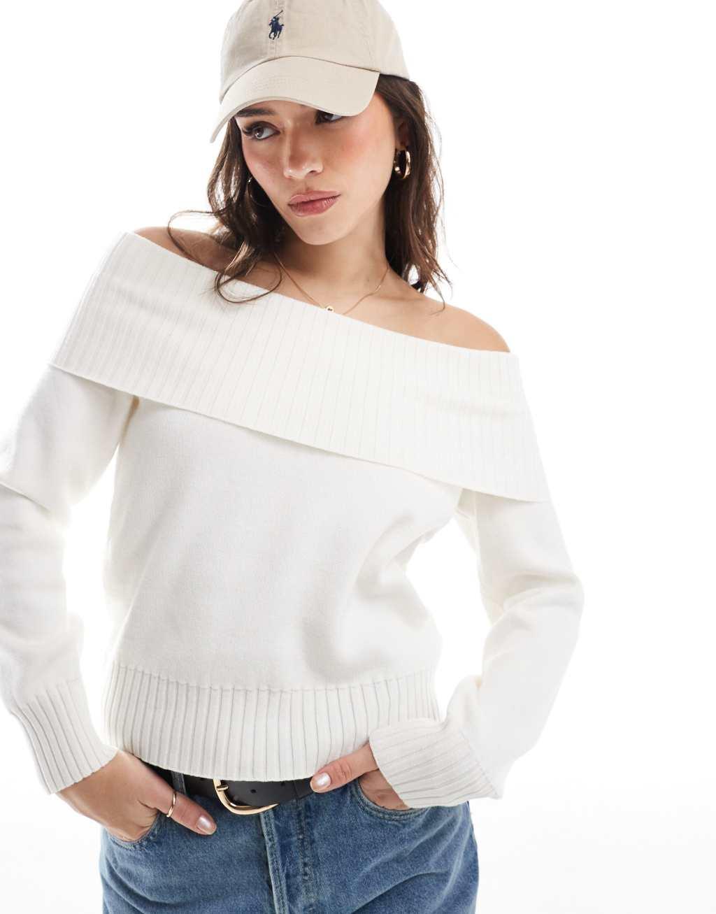Stradivarius off-the-shoulder knit top in ecru Product Image