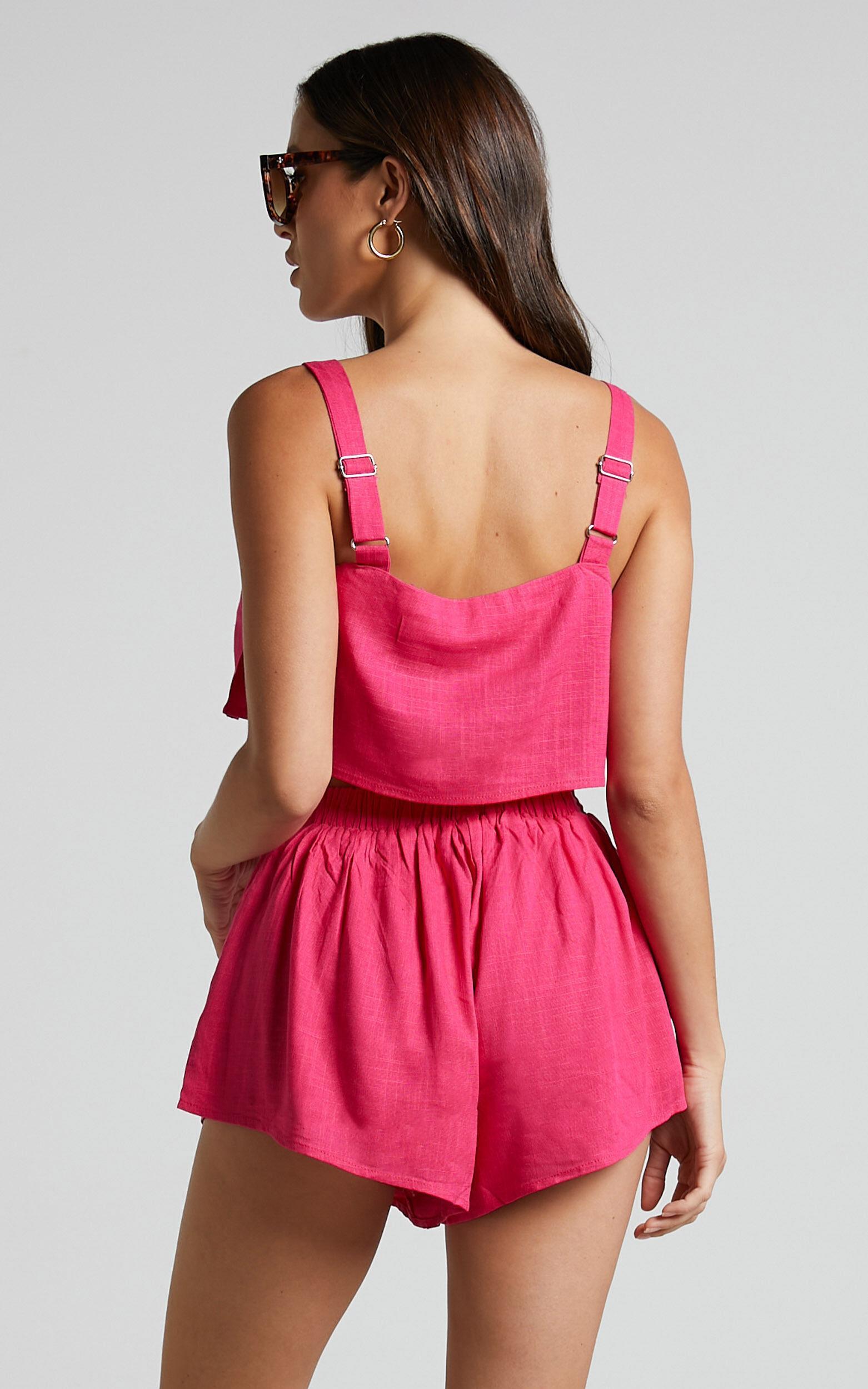 Zanrie Two Piece Set - Linen Square Neck Crop Top and High Waist Mini Flare Shorts Set in Hot Pink Product Image