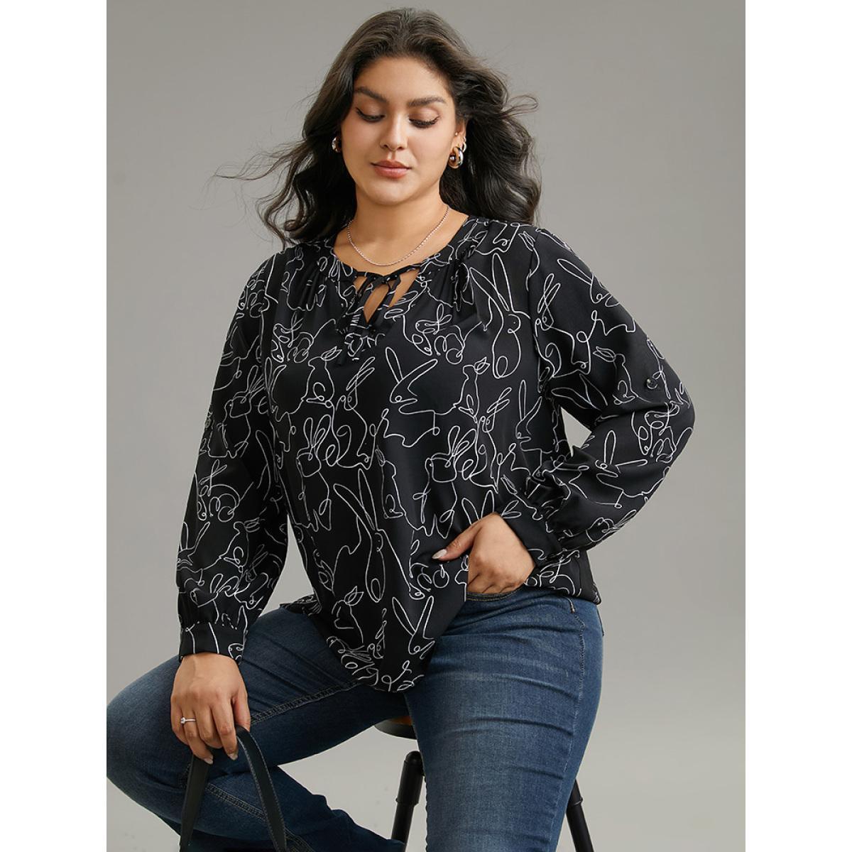 Plus Size Black Rabbits Line Knot Neck Tab Sleeve Blouse Women Office Long Sleeve Tie Neck Work Blouses BloomChic 22-24/3X Product Image