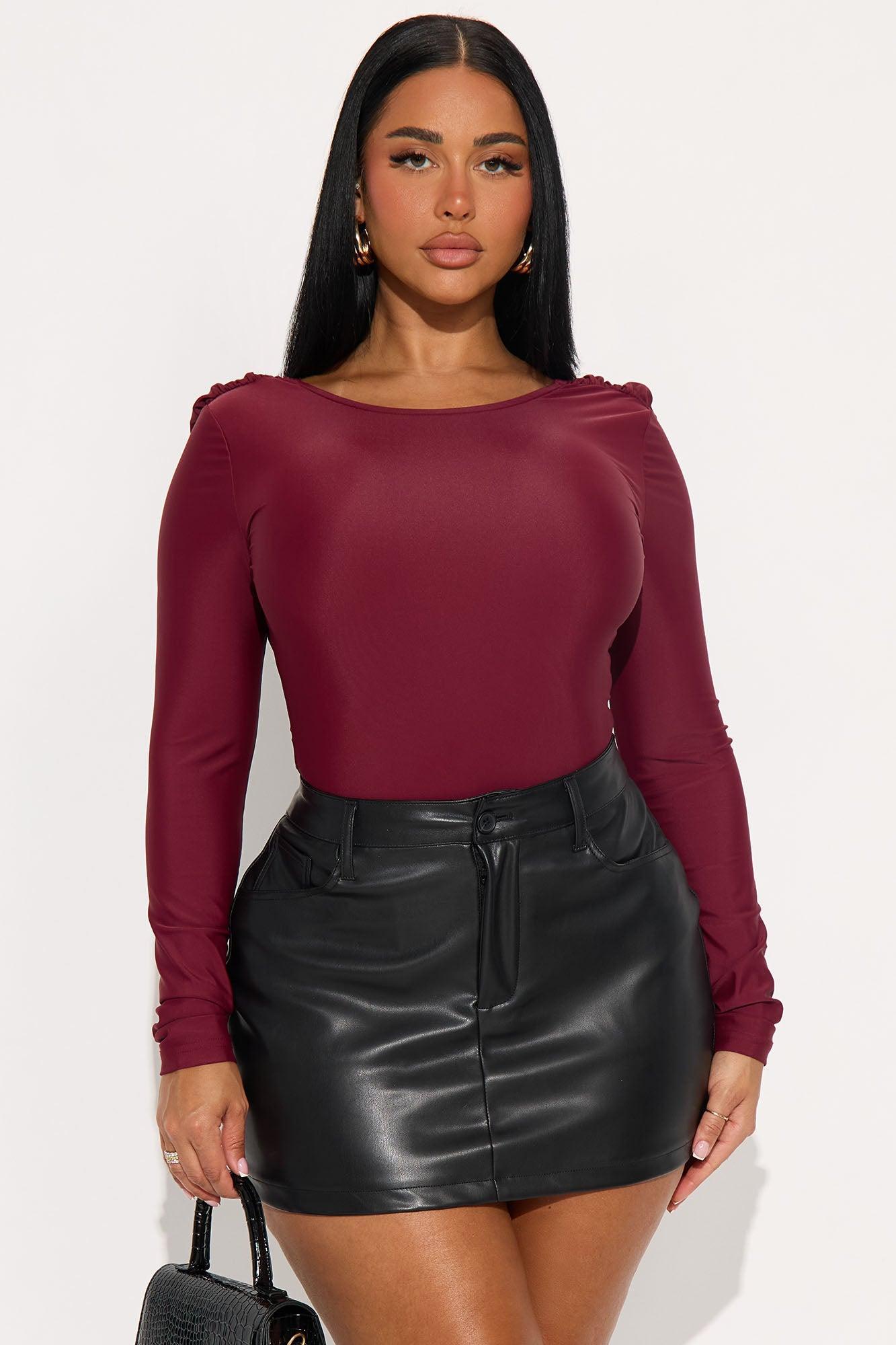 Sabrina Long Sleeve Open Bodysuit - Burgundy Product Image