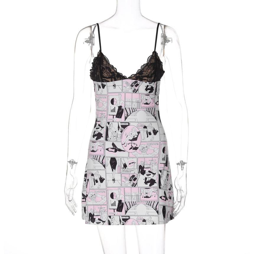Spaghetti Strap Lace Panel Printed Mini A-Line Dress Product Image