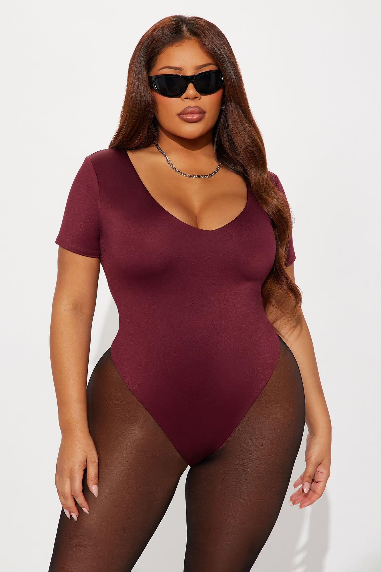 Contour Double Lined Short Sleeve High Cut Bodysuit - Wine Product Image