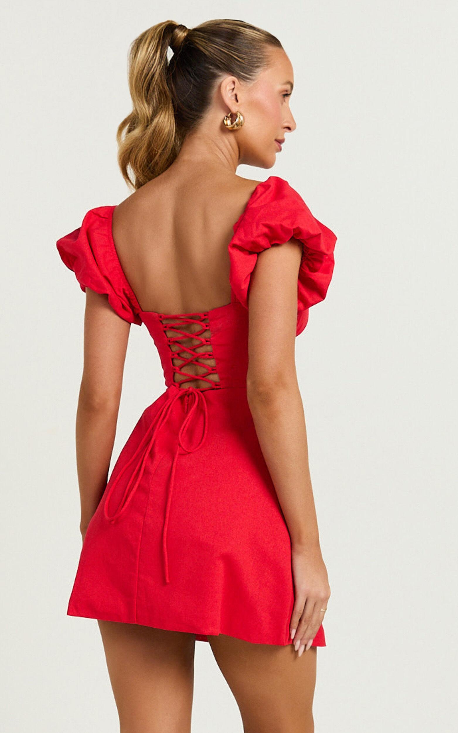 Ginny Mini Dress - Square Neck Ruched Bodice Puff Sleeve Straight Dress in Red Product Image