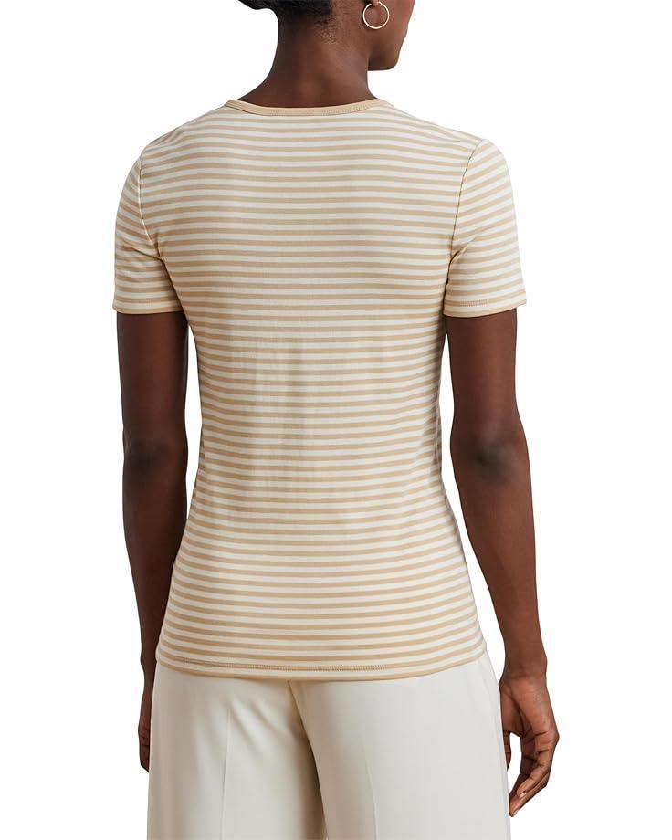 Striped Elbow-sleeve Henley Top Product Image