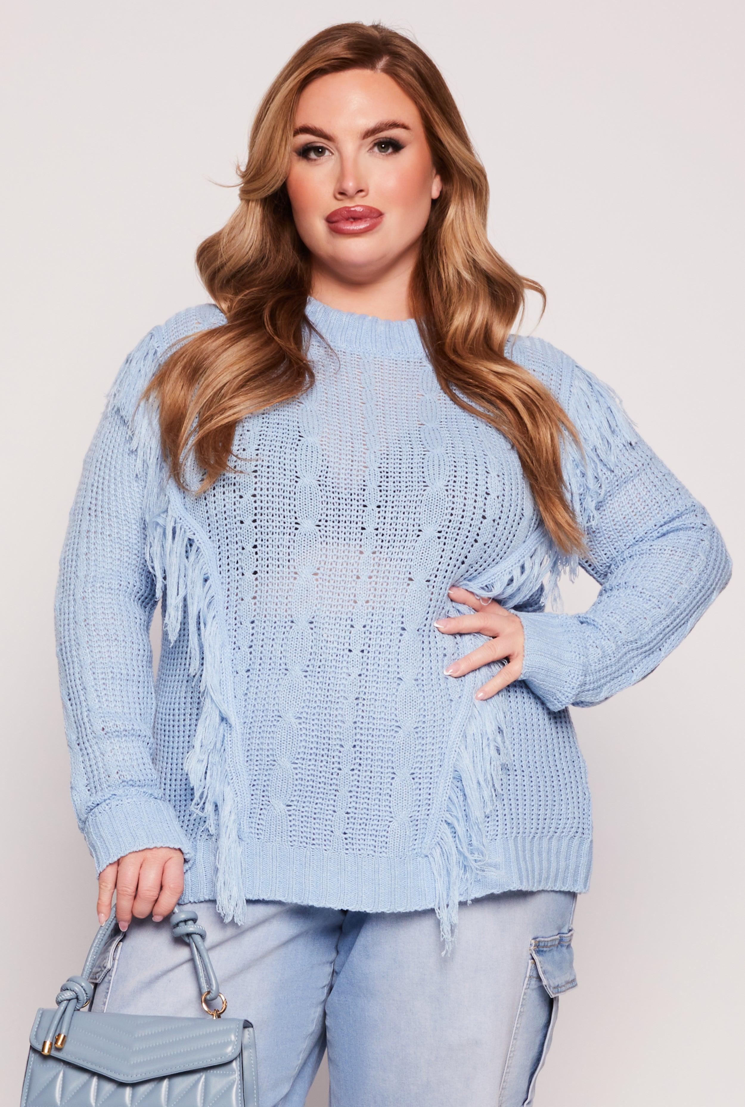 Womens Plus Size Fringe Cable Knit Sweater Product Image