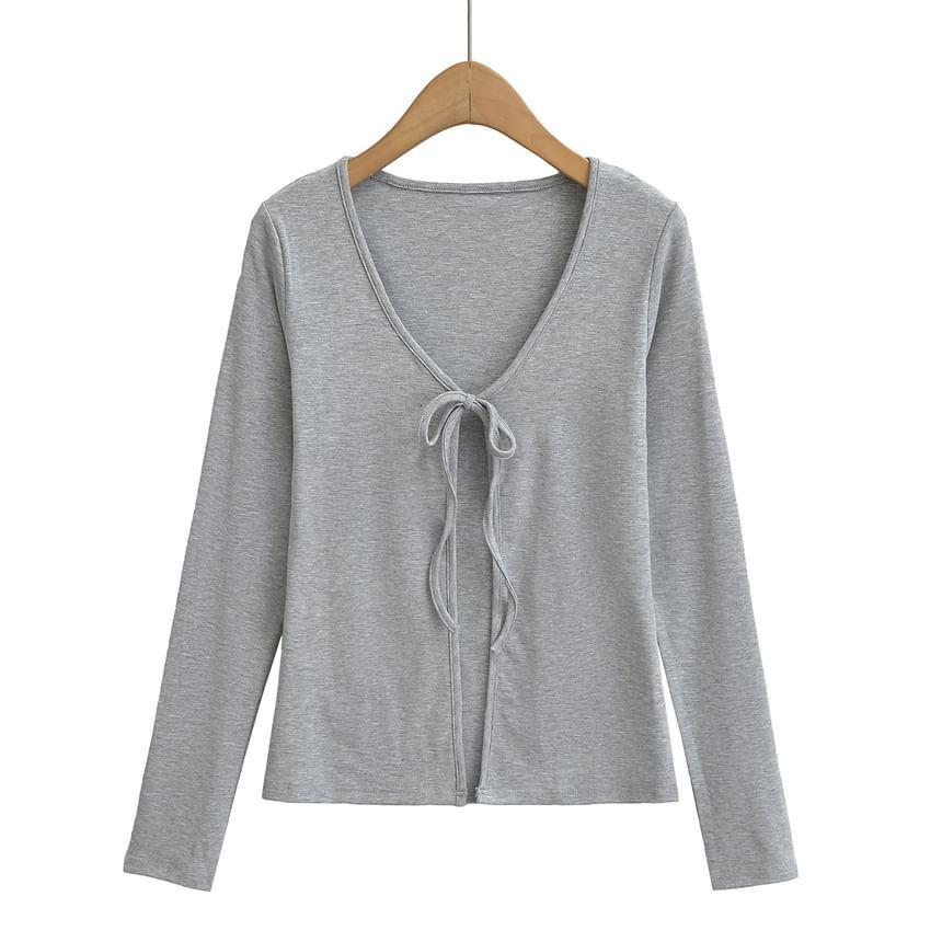 Long Sleeve V-Neck Plain Tie Front Crop Top Product Image