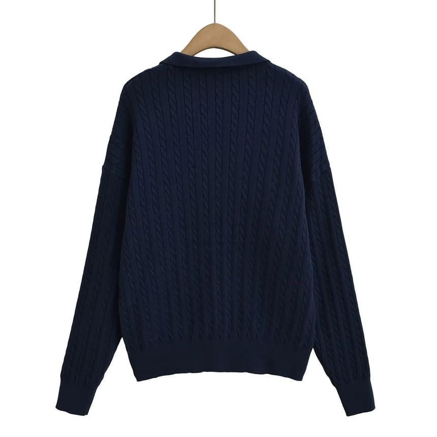 Polo Collared Plain Cable Knit Sweater Product Image
