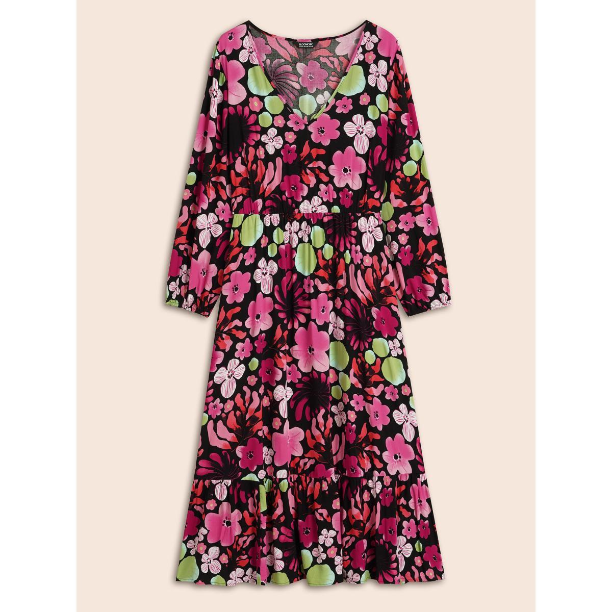 Plus Size Floral V Neck Lantern Sleeve Dress Black Women Elegant Non V-neck Long Sleeve Curvy BloomChic 30/6X Product Image