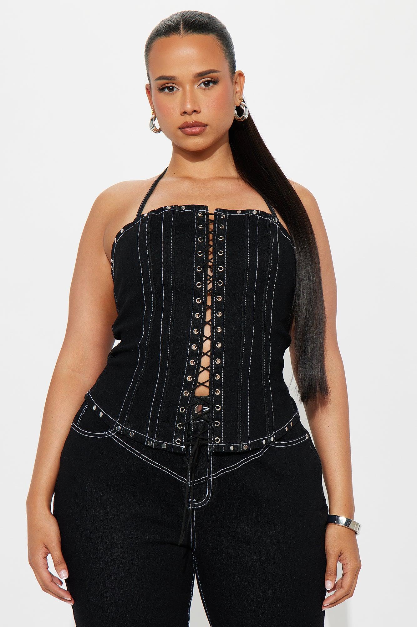 After Dark Lace Up Corset Capri Pant Set  - Black Product Image