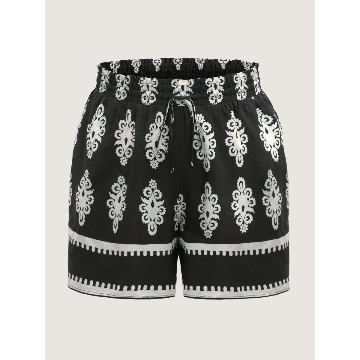 Plus Size Boho Print Wide-Leg Shorts Women BlackFlower Resort Contrast Wide Leg Vacation Shorts BloomChic 14-16/1X Product Image