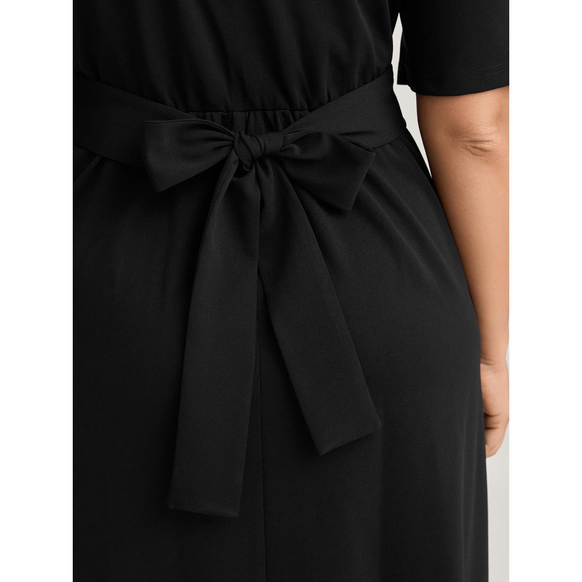 Plus Size Super Stretchy Overlap Waist Midi Dress Black Women Tie knot Heart neckline Short sleeve Curvy BloomChic 12/L Product Image