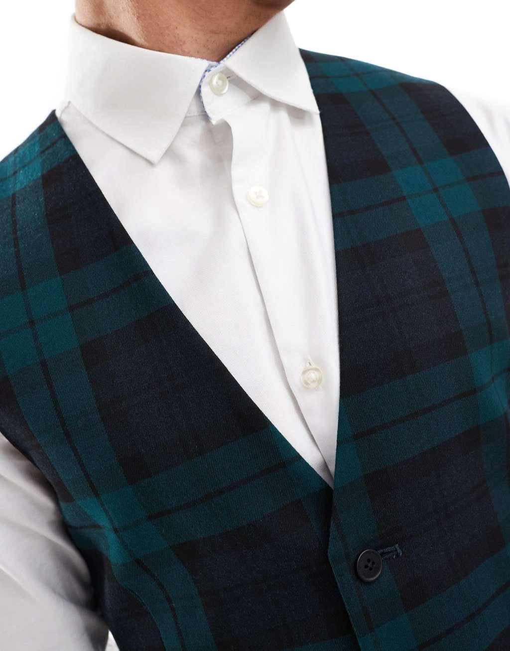 ASOS DESIGN skinny suit vest in dark green tartan Product Image