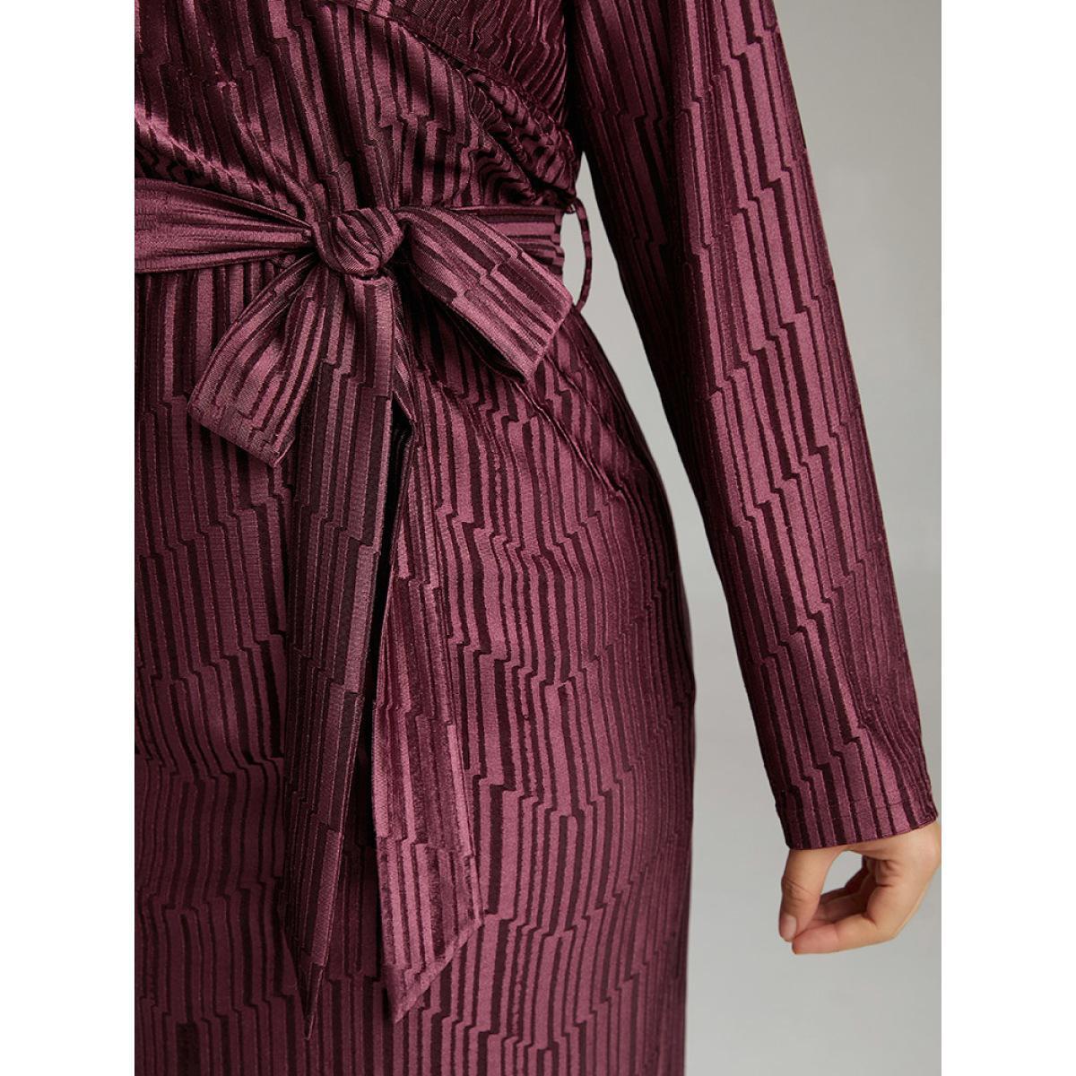 Plus Size Geometric Velvet Belted Split Hem Dress RedViolet Women Cocktail Wrap Overlap Collar Long Sleeve Curvy Knee Dress BloomChic 30/6X Product Image
