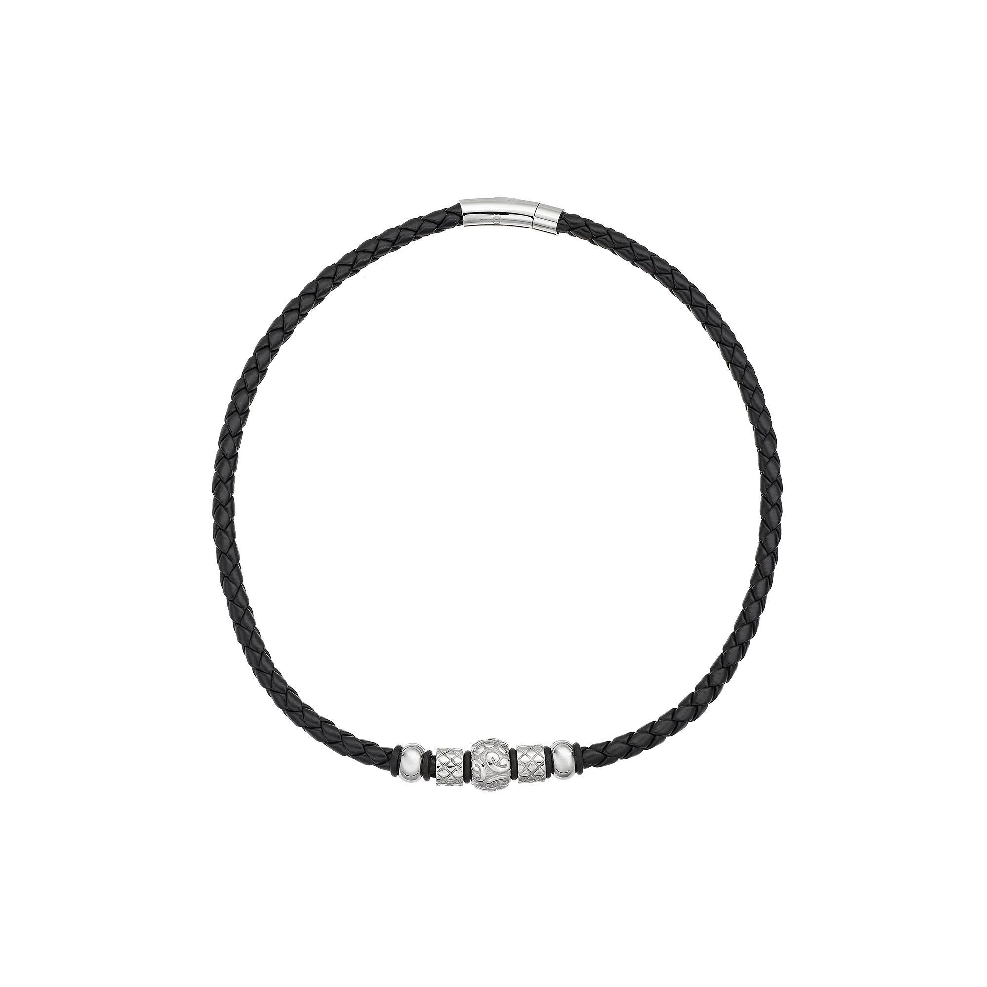 Stainless Steel and Leather Bead Necklace - Men, Mens Black Product Image