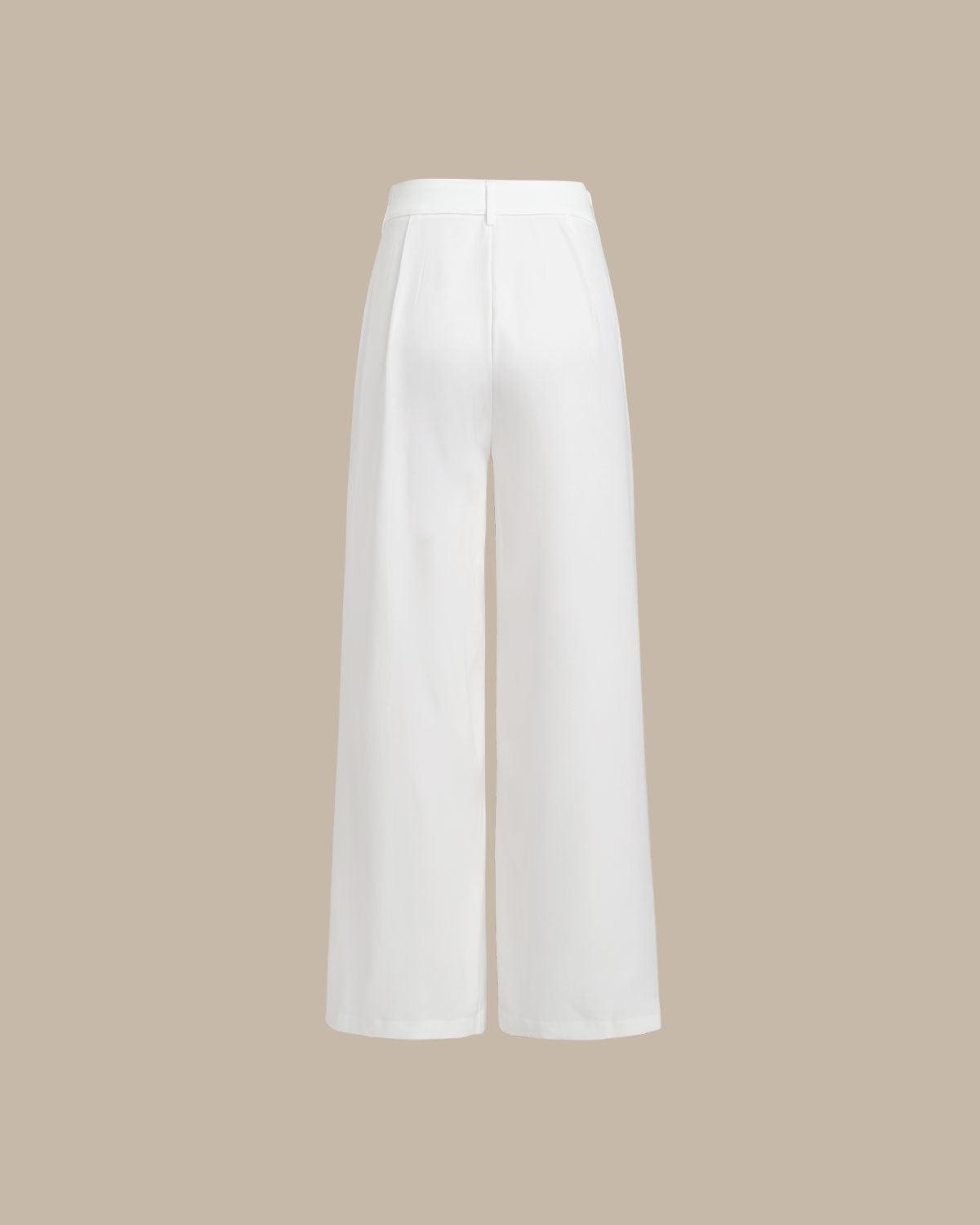 White Ruched Straight Pants Product Image