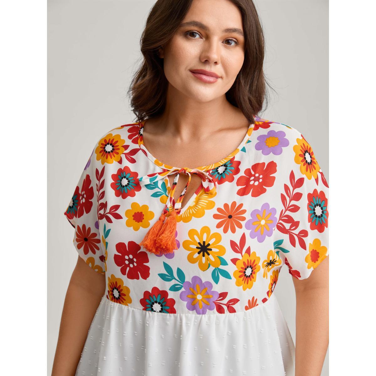 Plus Size WhiteSmoke Floral Print Neck-Tie Babydoll Top Women Resort Short sleeve Non Vacation Blouses BloomChic 10/M Product Image