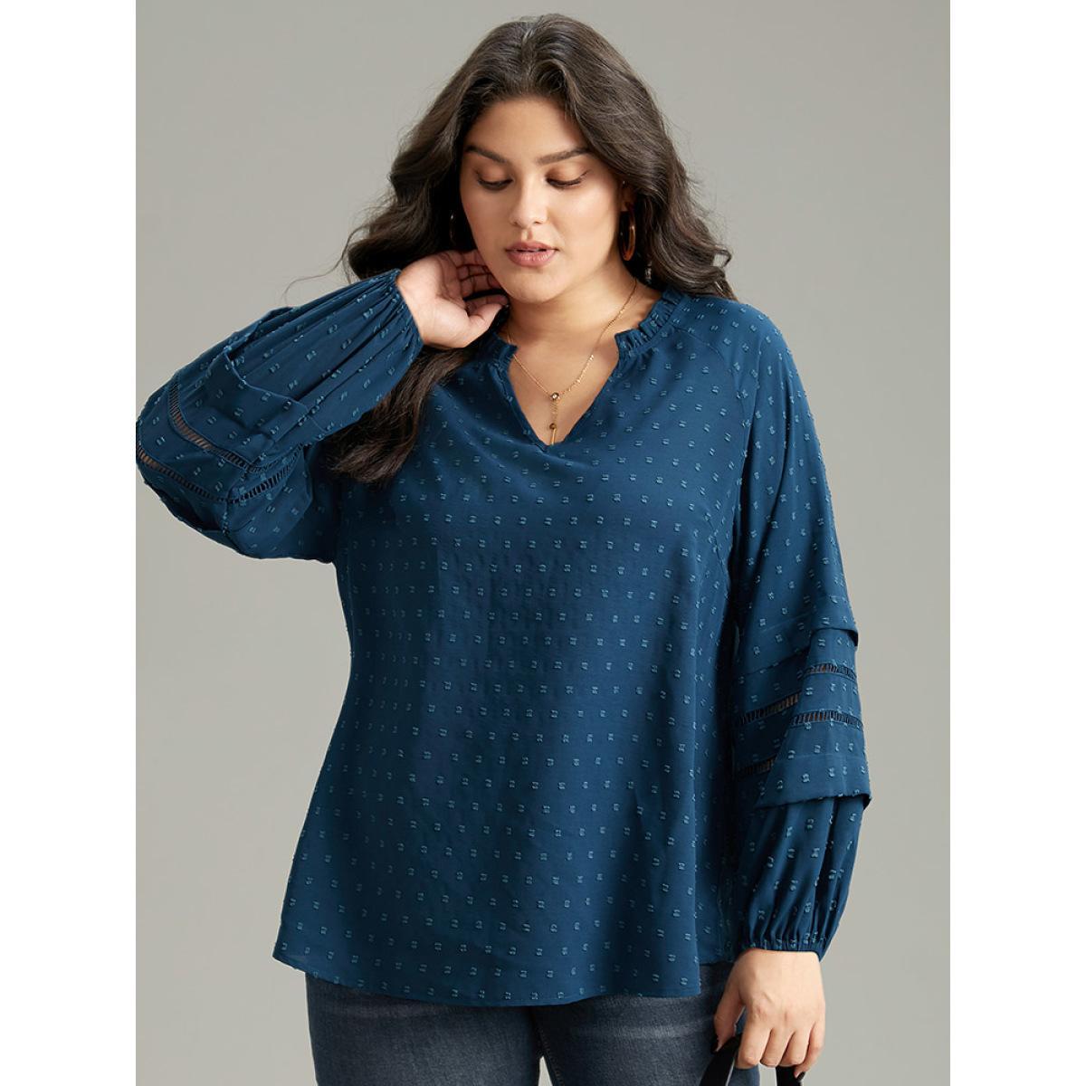 Plus Size Aegean Plain Textured Cut Out Frill Trim Lantern Sleeve Blouse Women Office Long Sleeve V-neck Work Blouses BloomChic 12/L Product Image