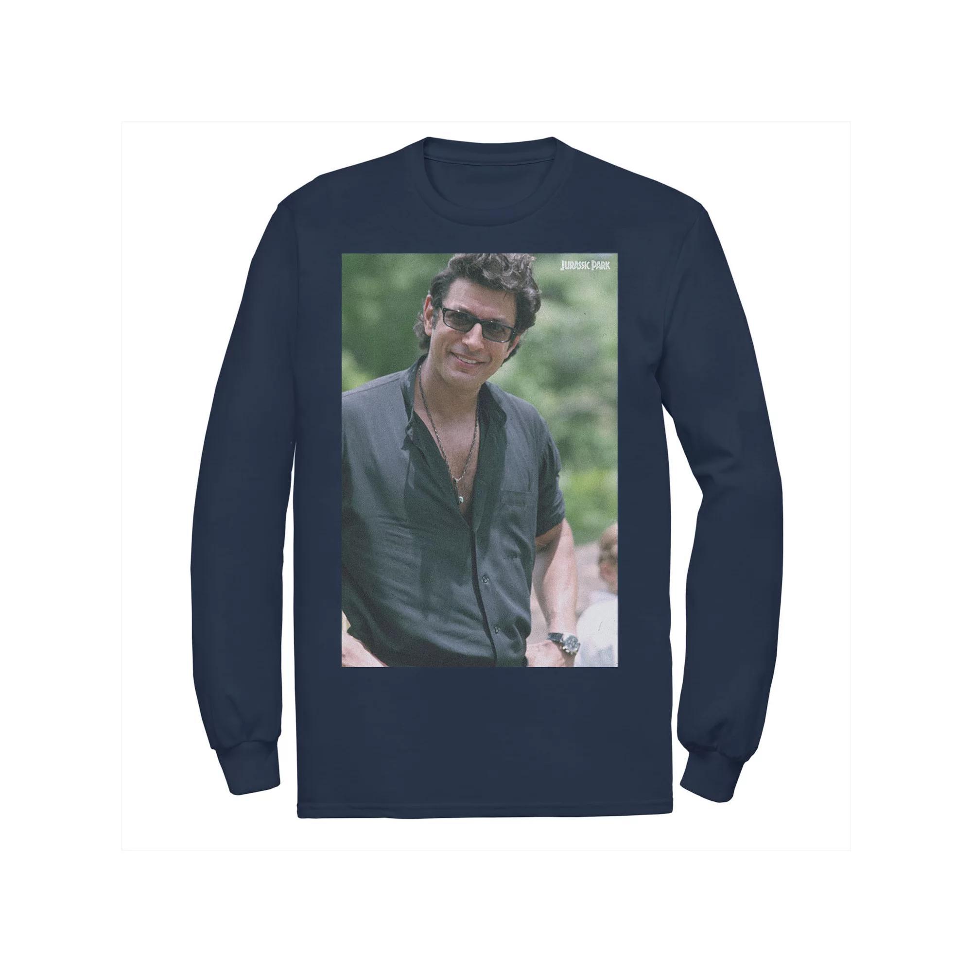 Mens Jurassic Park Jeff Goldblum Smile Poster Style Long Sleeve Graphic Tee Blue Product Image