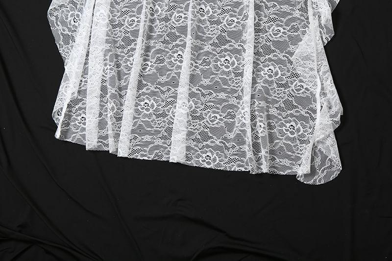 Flared-Sleeve Floral Asymmetrical Lace A-Line Dress Product Image