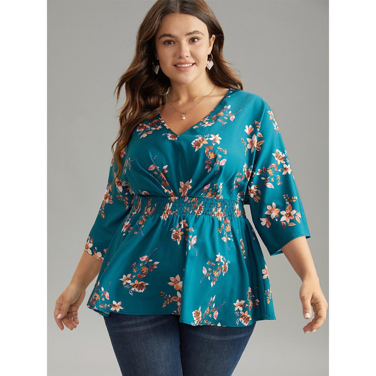 Plus Size Aegean Floral Print Shirred Plicated Detail Blouse Women Elegant Elbow-length sleeve V-neck Dailywear Blouses BloomChic 22-24/3X Product Image