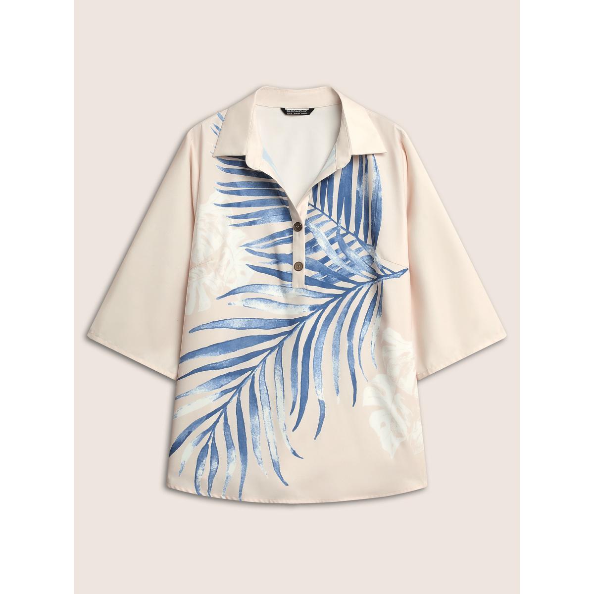 Plus Size Beige Tropical Print Button Up Tab Sleeve Blouse Women Casual Elbow-length sleeve Shirt collar Everyday Blouses BloomChic 28/5X Product Image