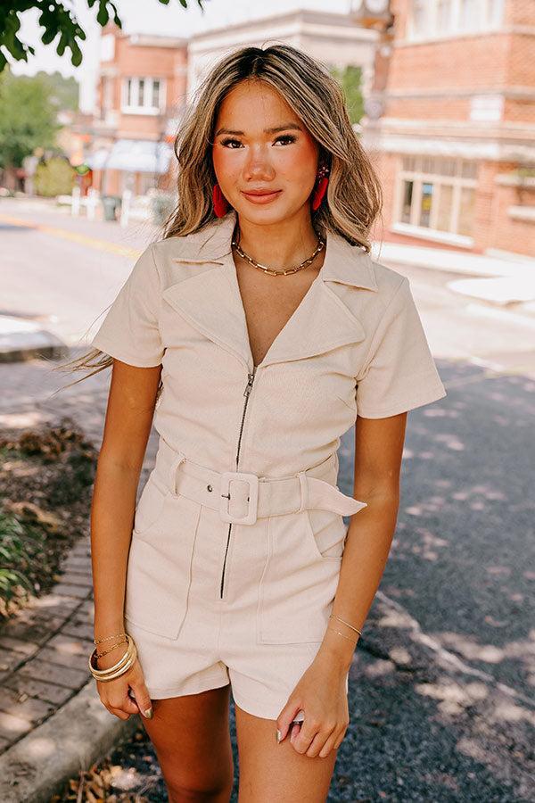 Stay Sophisticated Denim Romper In Light Beige Product Image