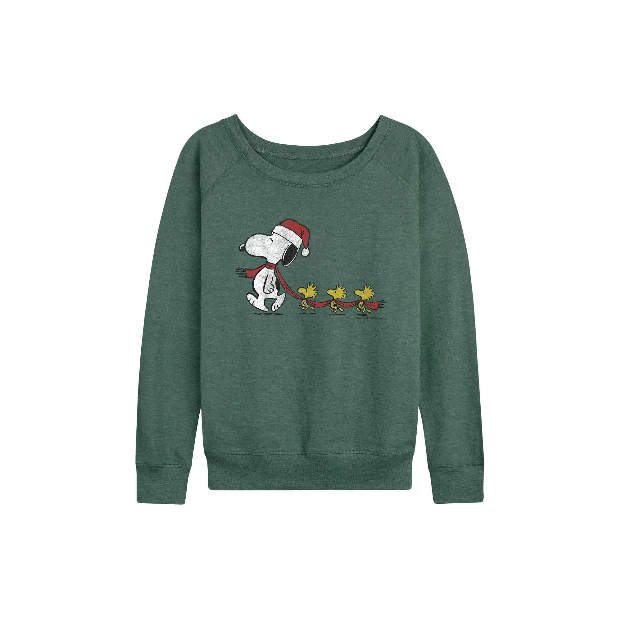 Womens Peanuts Snoopy Scarf French Terry Long Sleeve Tee Grey Green Product Image