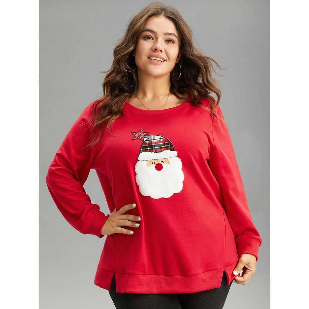 Plus Size Santa Claus Graphic Split Detail Sweatshirt Women Red Casual Rib Knit Festival-Christmas Sweatshirts BloomChic 28/5X Product Image