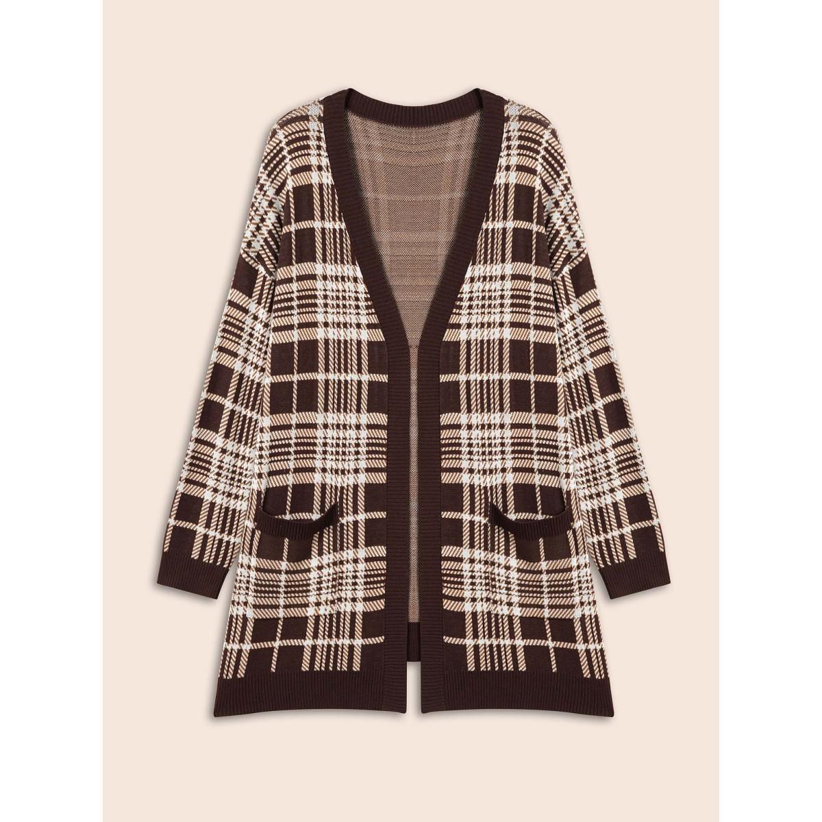 Plus Size Plaid Open Front Patch Pocket Cardigan DarkBrown Women Casual Loose Long Sleeve Everyday Cardigans BloomChic 14-16/1X Product Image