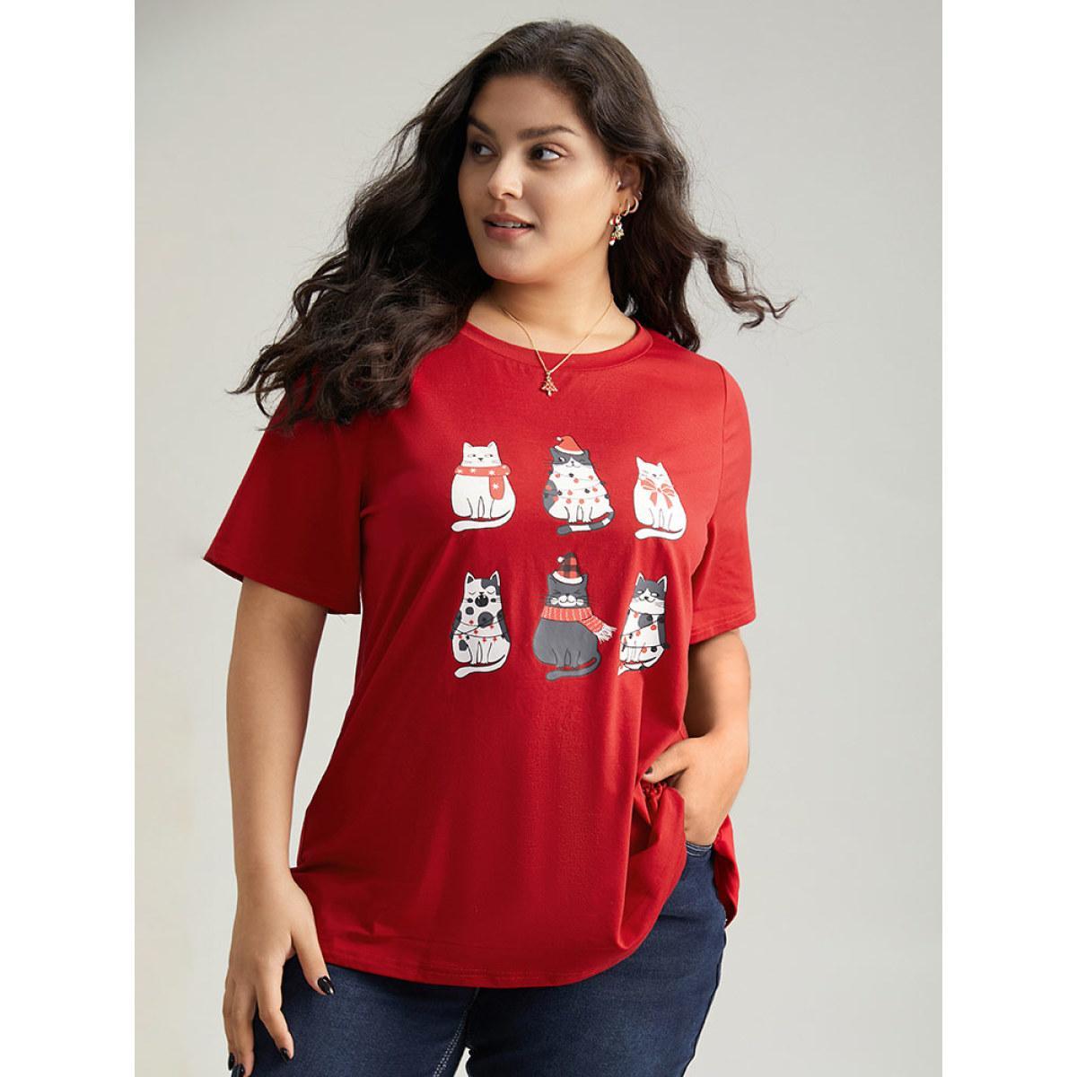 Plus Size Christmas Cat Print Round Neck T-shirt Red Women Casual Printed Christmas Festival-Christmas T-shirts BloomChic 28/5X Product Image