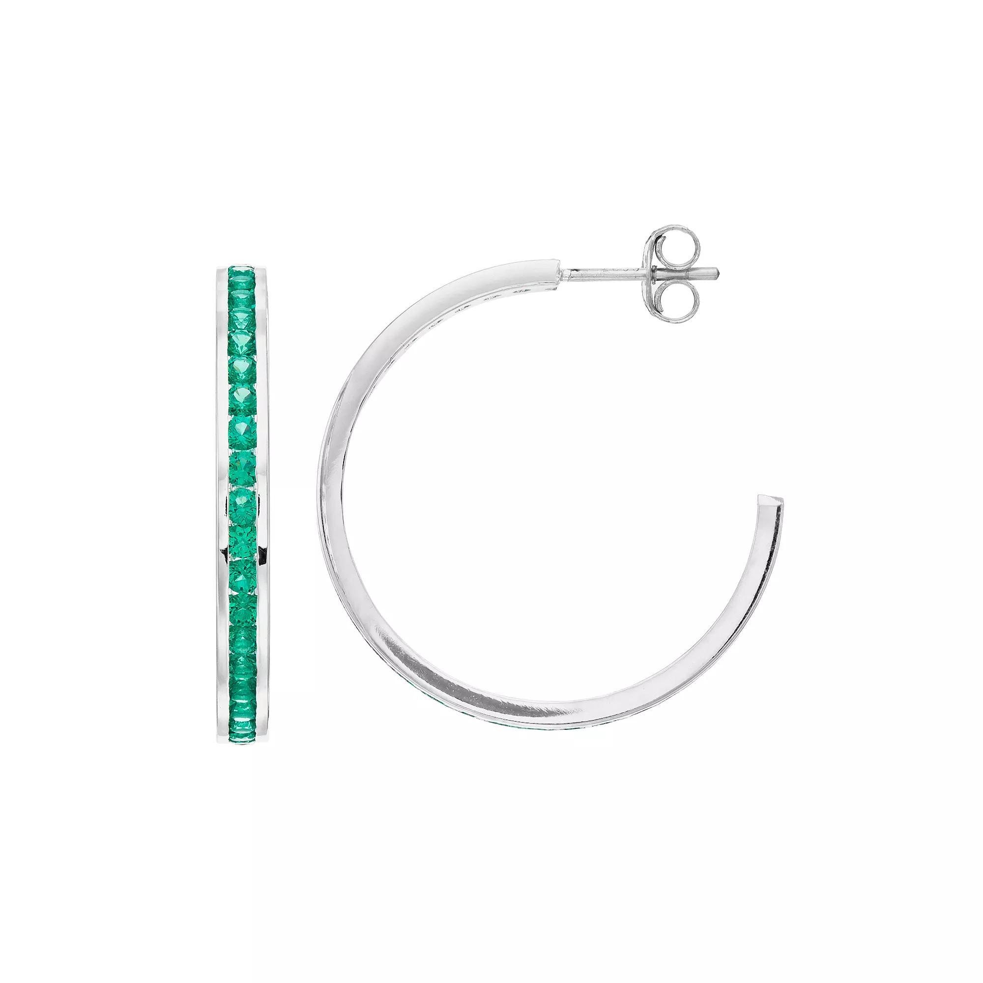 Traditions Jewelry Company Sterling Silver Channel-Set Lab-Created Emerald Birthstone Hoop Earrings, Womens Product Image