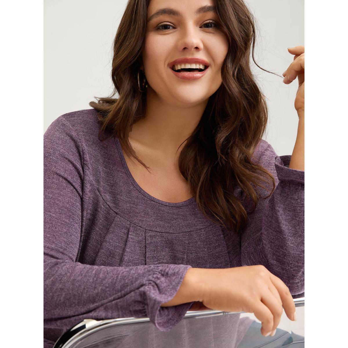 Plus Size Round Neck Heather Pleated T-shirt Eggplant Women Elegant Pleated Round Neck Loose Everyday T-shirts BloomChic 14-16/1X Product Image