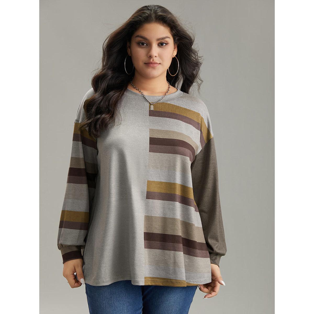 Plus Size Striped Patchwork Contrast Crew Neck Sweatshirt Women DimGray Casual Elastic cuffs Round Neck Dailywear Sweatshirts BloomChic 22-24/3X Product Image